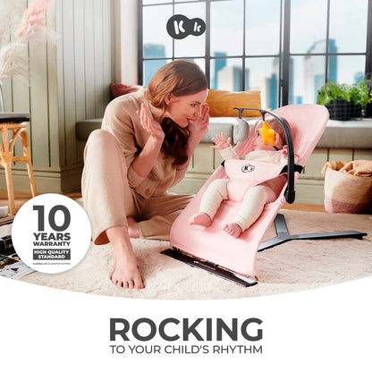 Kinderkraft Mimi baby bouncer chair with soft gray fabric, adjustable seat, toy bar, and non-slip elements for newborns up to 9 kg.
