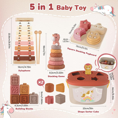 Almaxi 5-in-1 Montessori baby toy set with stacking rings, blocks, shape sorter, and xylophone for 6-12 months old boys and girls.