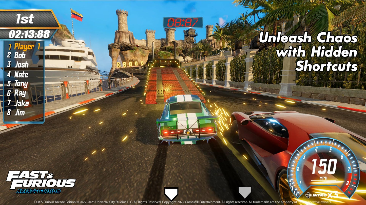 Fast & Furious Arcade Edition Nintendo Switch game cartridge with cover art featuring racing cars and vibrant graphics.