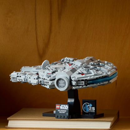 LEGO Star Wars 75375 Millennium Falcon building set displayed with stand and nameplate, ideal for A New Hope fans.