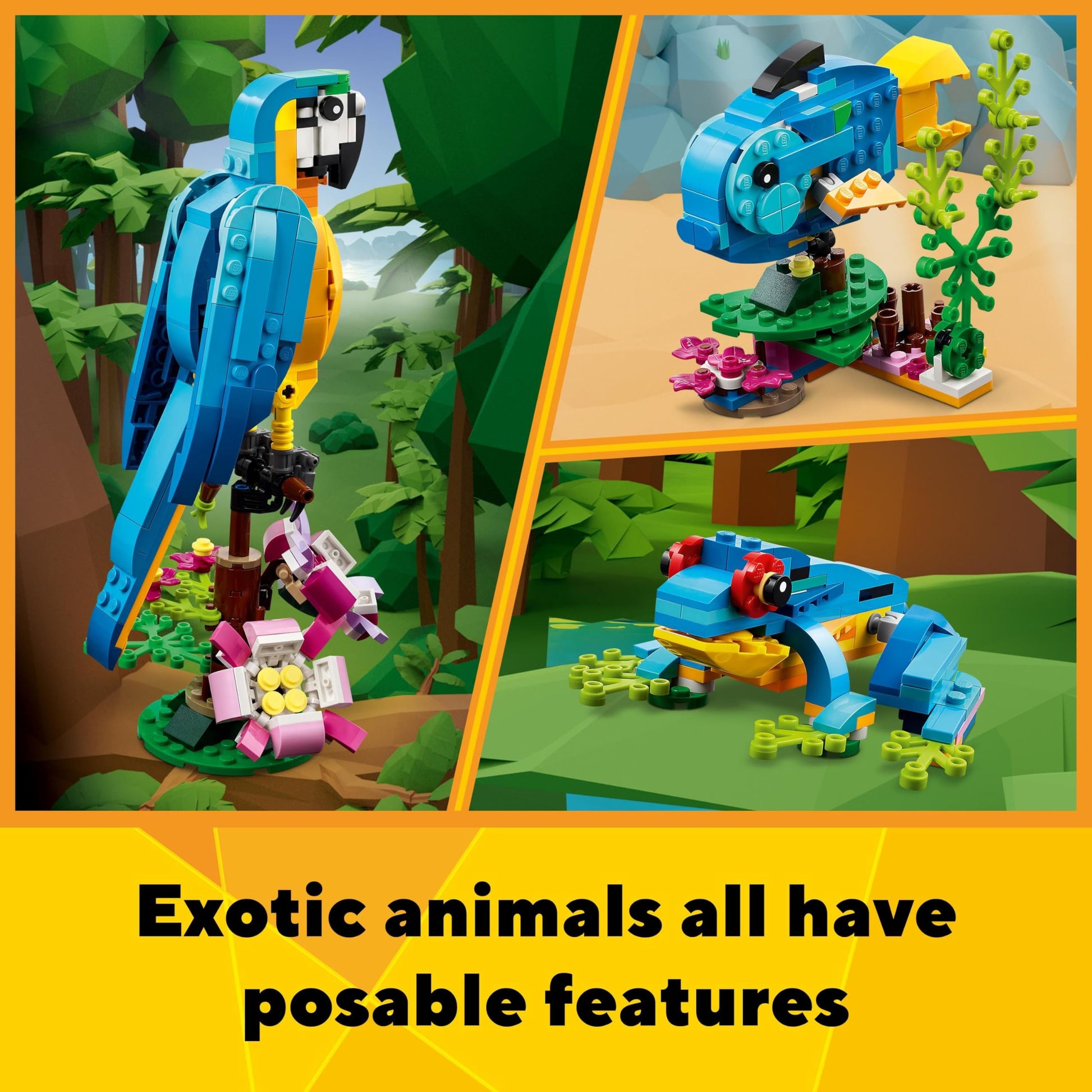 LEGO Creator 3 in 1 building toy showing exotic parrot, frog, and fish animal figures for kids aged 7 and up.