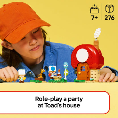 LEGO Super Mario Party at Toad's House interactive toy set with figures, kitchen, bedroom, and picnic table for kids 7+.