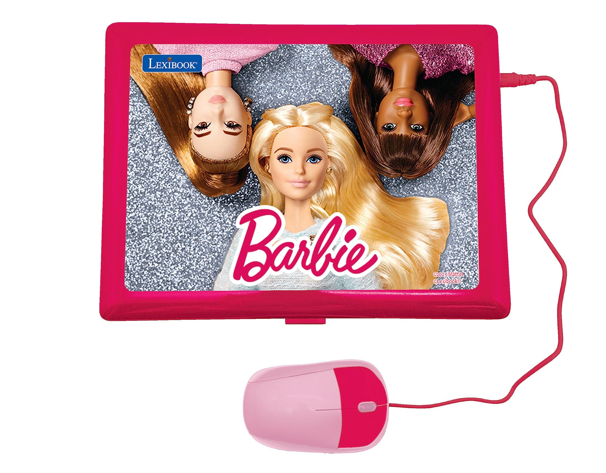 Pink LEXIBOOK Barbie bilingual educational laptop for kids, featuring 124 activities, games, and music in English and French.