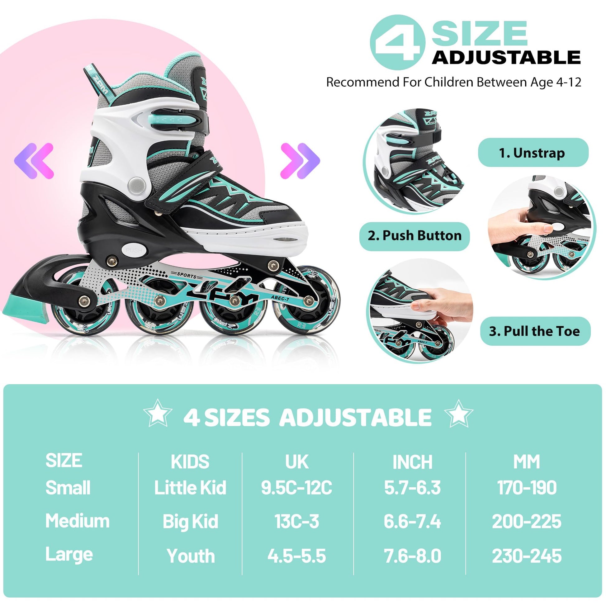 Mint 2pm Sports adjustable inline skates for boys and girls, featuring a stylish design and easy-to-wear beginner roller skate fit.