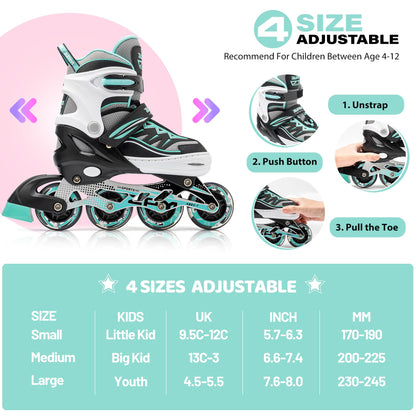 Mint 2pm Sports adjustable inline skates for boys and girls, featuring a stylish design and easy-to-wear beginner roller skate fit.