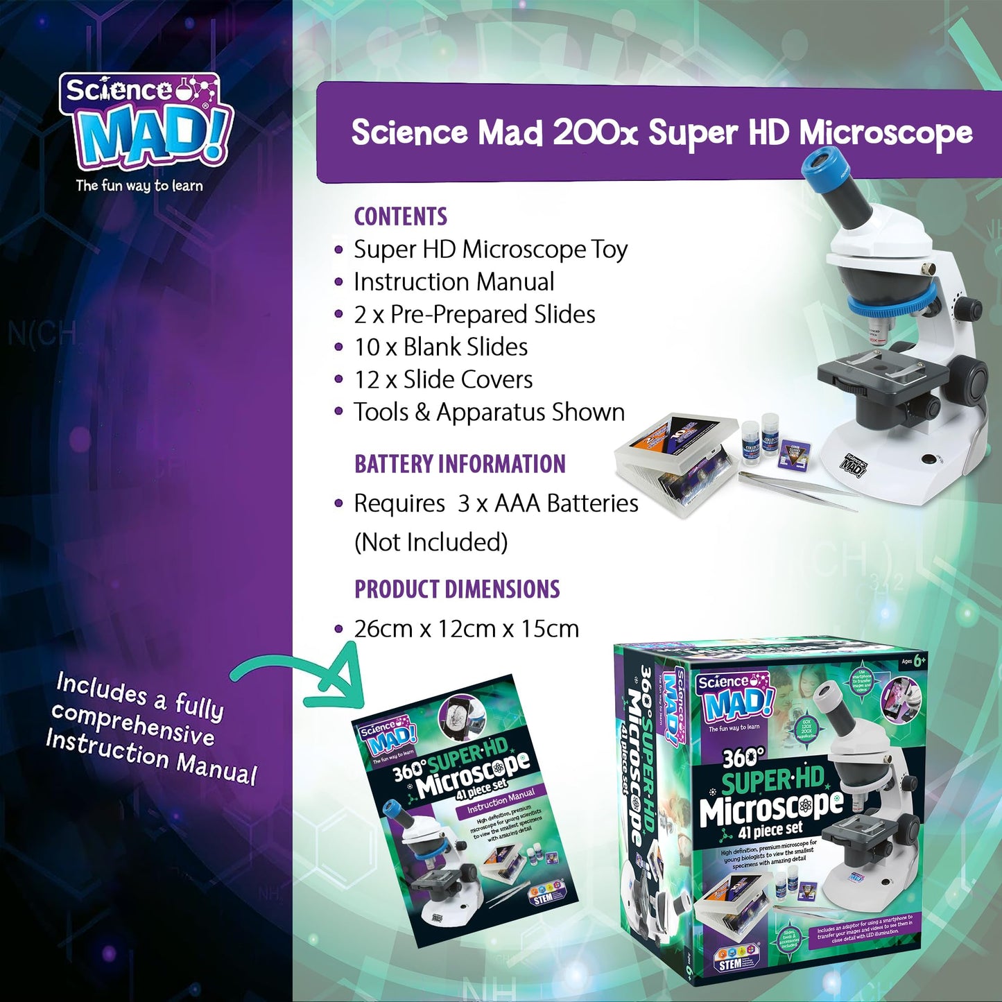Science Mad microscope and telescope combo set for kids, includes 15x telescope with tripod and 100x microscope for ages 6+