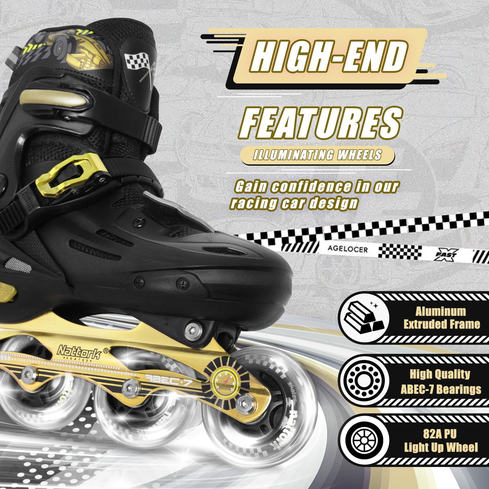 Black Nattork kids inline skates with adjustable size, light-up wheels, and blades for boys and girls, ideal for outdoor and indoor skating.