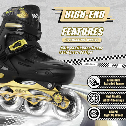 Black Nattork kids inline skates with adjustable size, light-up wheels, and blades for boys and girls, ideal for outdoor and indoor skating.