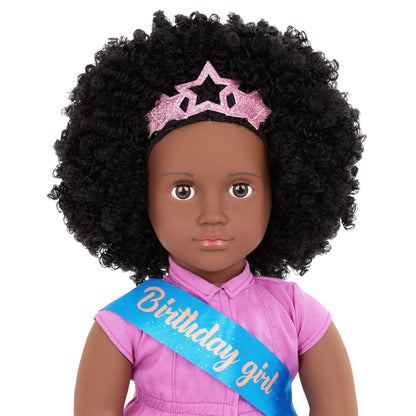 18-inch Our Generation Khelani doll in birthday party outfit with colorful accessories for imaginative play.