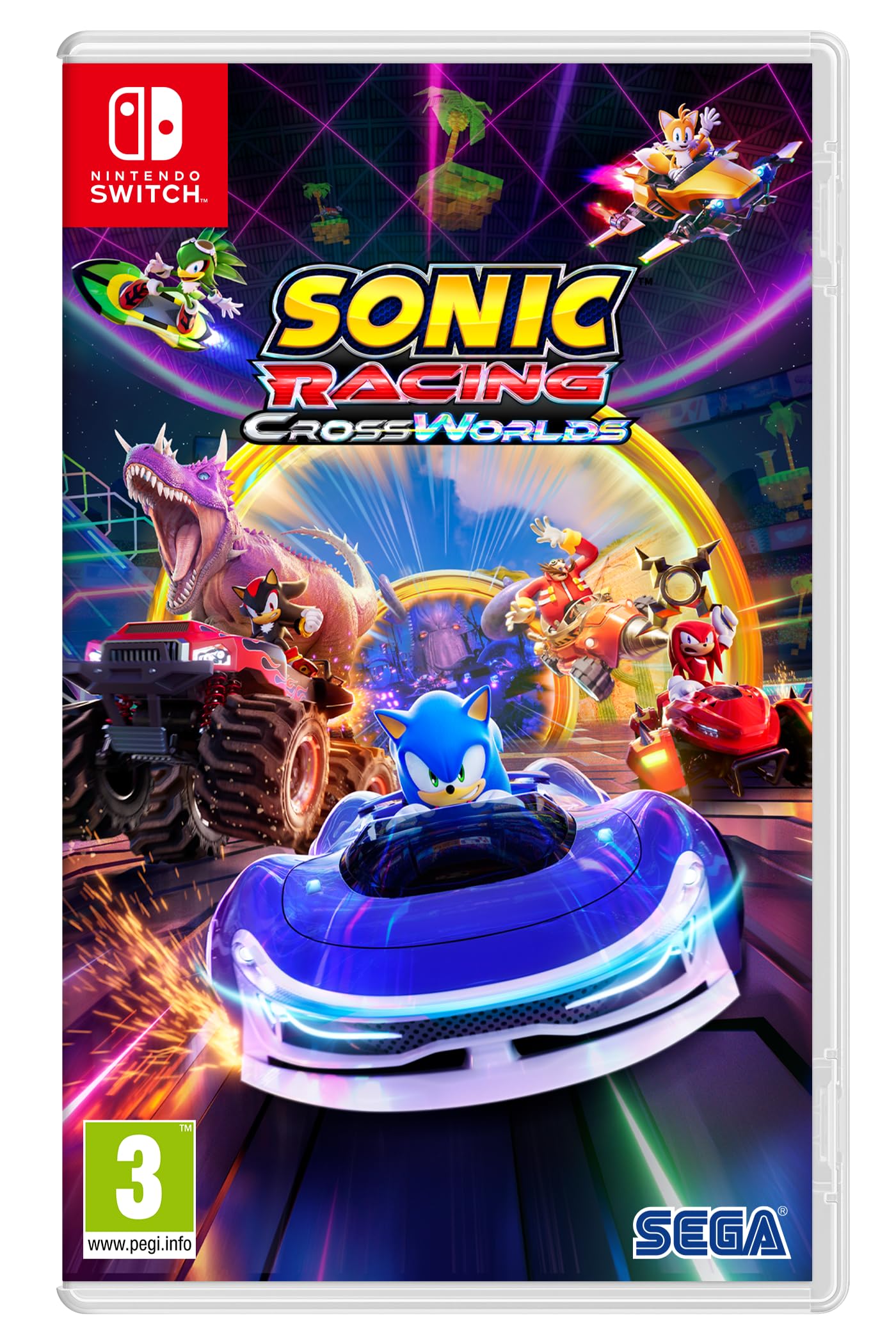 Sonic Racing: CrossWorlds Nintendo Switch game cartridge with colorful cover art featuring Sonic the Hedgehog and racing characters.