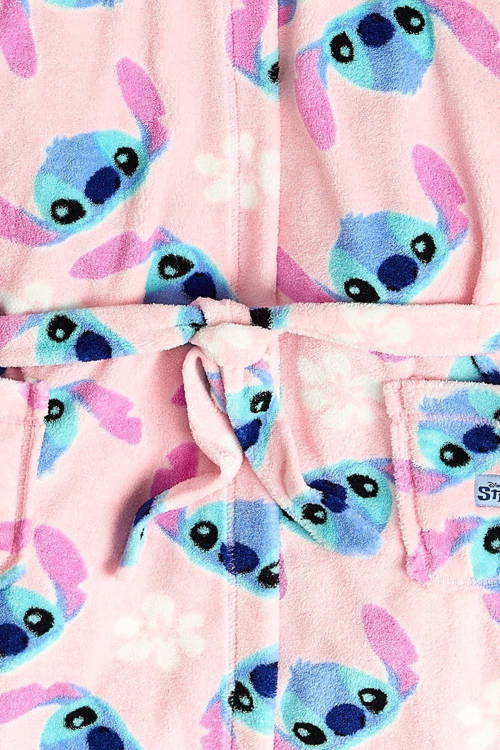 Disney Girls Stitch dressing gown featuring soft fleece, hood with 3D ears, floral print, tie belt, and pockets for cozy loungewear.
