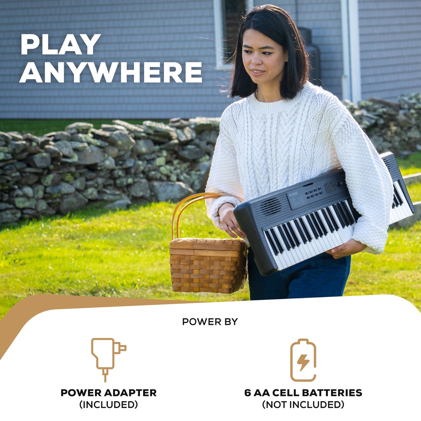 Alesis Melody 61 keyboard piano with 61 keys, built-in speakers, stand, bench, headphones, and tablet/music stand for beginners.