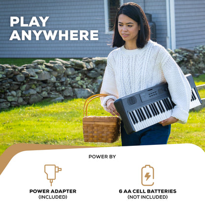 Alesis Melody 61 keyboard piano with 61 keys, built-in speakers, stand, bench, headphones, and tablet/music stand for beginners.