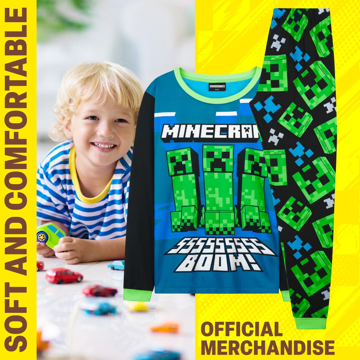 Get Trend Minecraft Boys Pyjamas Set, Long PJs for Kids & Teens, Creeper Loungewear Soft Nightwear, Gamer Gifts for Boys (7-8 Years, Blue/Green Minecraft)