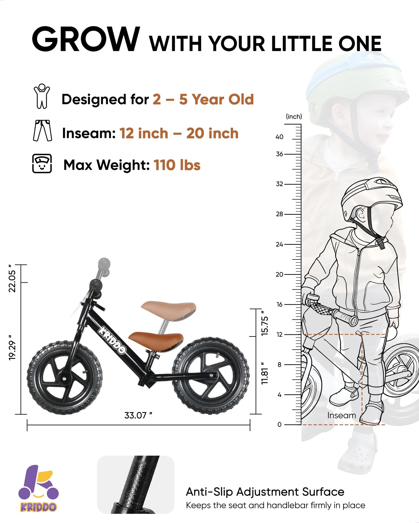 KRIDDO Toddler Balance Bike 2 Year Old, Age 18 Months to 5 Years Old, 12 Inch Push Bicycle with Customize Plate (3 Sets of Stickers Included), Gift Bike for 2-3 Boys Girls, Black