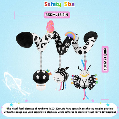 Zendstanding Spiral Car Seat Toys for Babies, 0-6 Months Stroller Pram Activity Hanging Toys High Contrast Black and White Sensory Toy, Newborn Soft Plush Travel Toy for Boys Girls