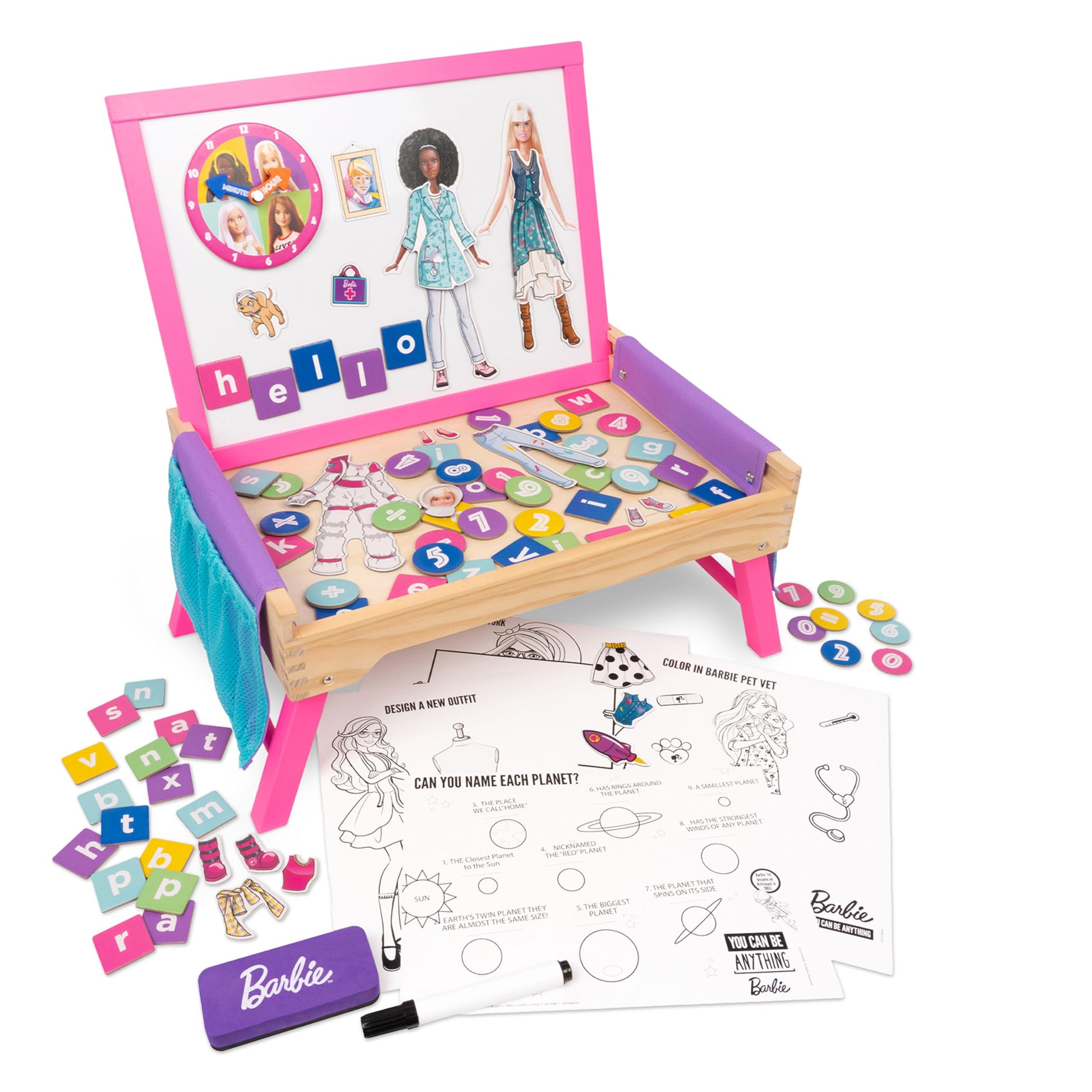 Barbie 2-in-1 magnetic whiteboard and lap tray for kids, featuring colorful writing surface and educational activity space.