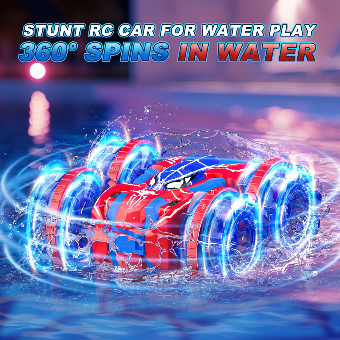fygurso 4WD Waterproof Remote Control Car，Amphibious 2.4 GHz RC Cars Remote Control Boat，360°Rotation RC Stunt Car with LED Lights，Boys Girls Gifts All Terrain Water Beach Pool Toy