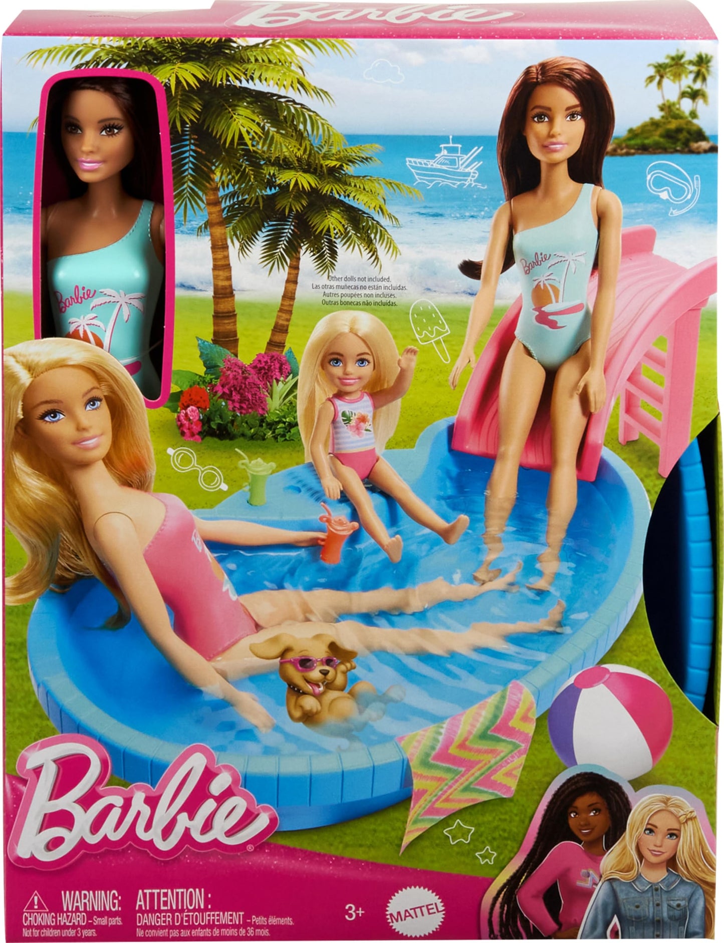 Barbie doll in seafoam blue swimsuit by the pool with slide, towel, and drink accessories, ready for summer fun.