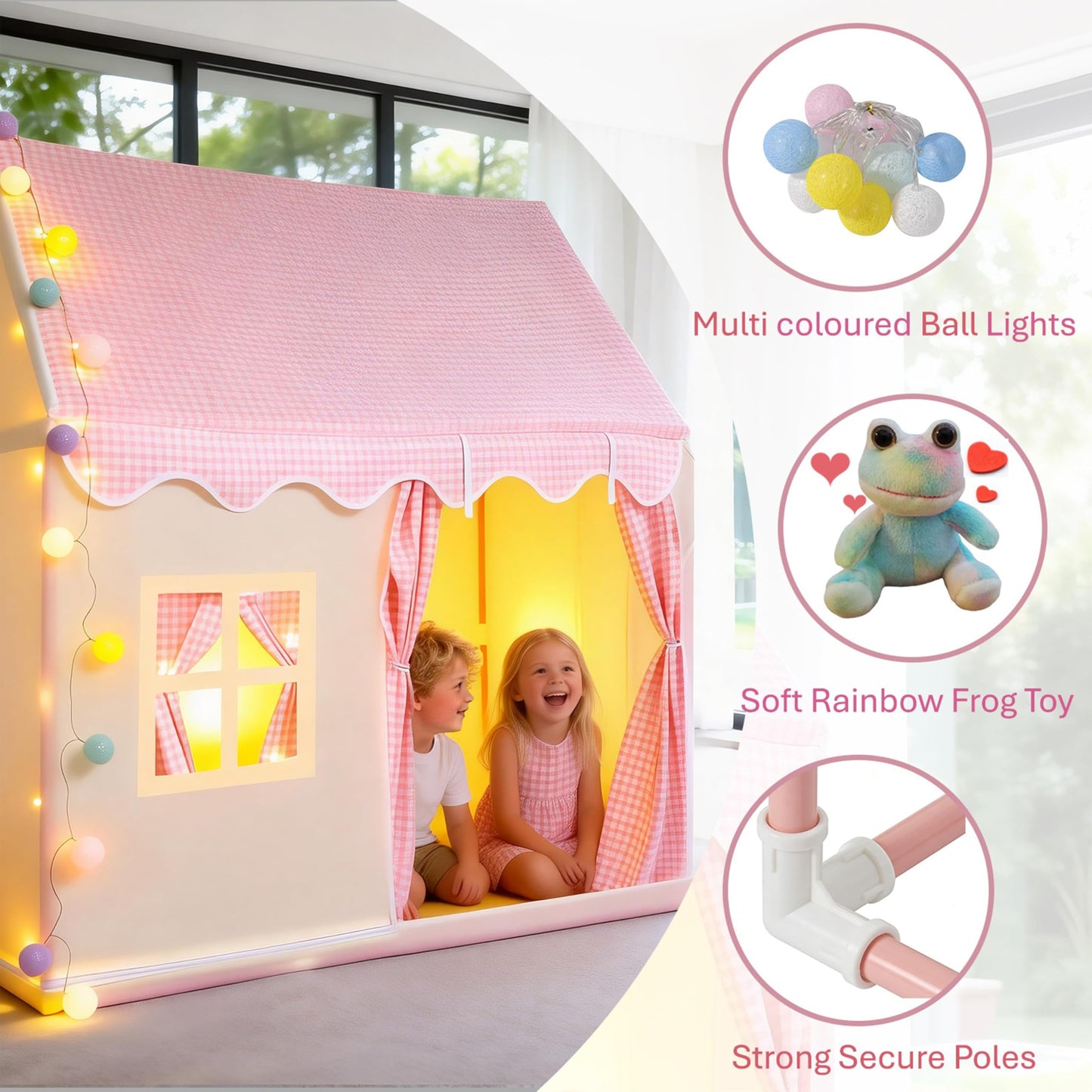 Pink Play Kids Tent for Girls with colorful ball lights and rainbow frog toy, ideal for indoor and outdoor play for children ages 3-7.