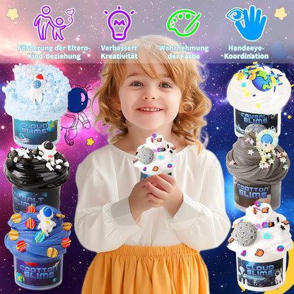 Hirsrian starry sky slime making kit with fluffy, crunchy, clear crystal slime and fun accessories for kids and stress relief.