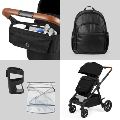 Ickle Bubba Virgo Growing Family 11 Piece Pram – Single to Double Tandem Pushchair with Carrycot, Footmuffs, Rain Covers & Accessories, Suitable from Birth (Black)