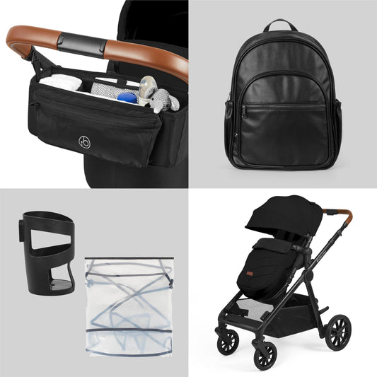 Ickle Bubba Virgo Growing Family 11 Piece Pram – Single to Double Tandem Pushchair with Carrycot, Footmuffs, Rain Covers & Accessories, Suitable from Birth (Black)