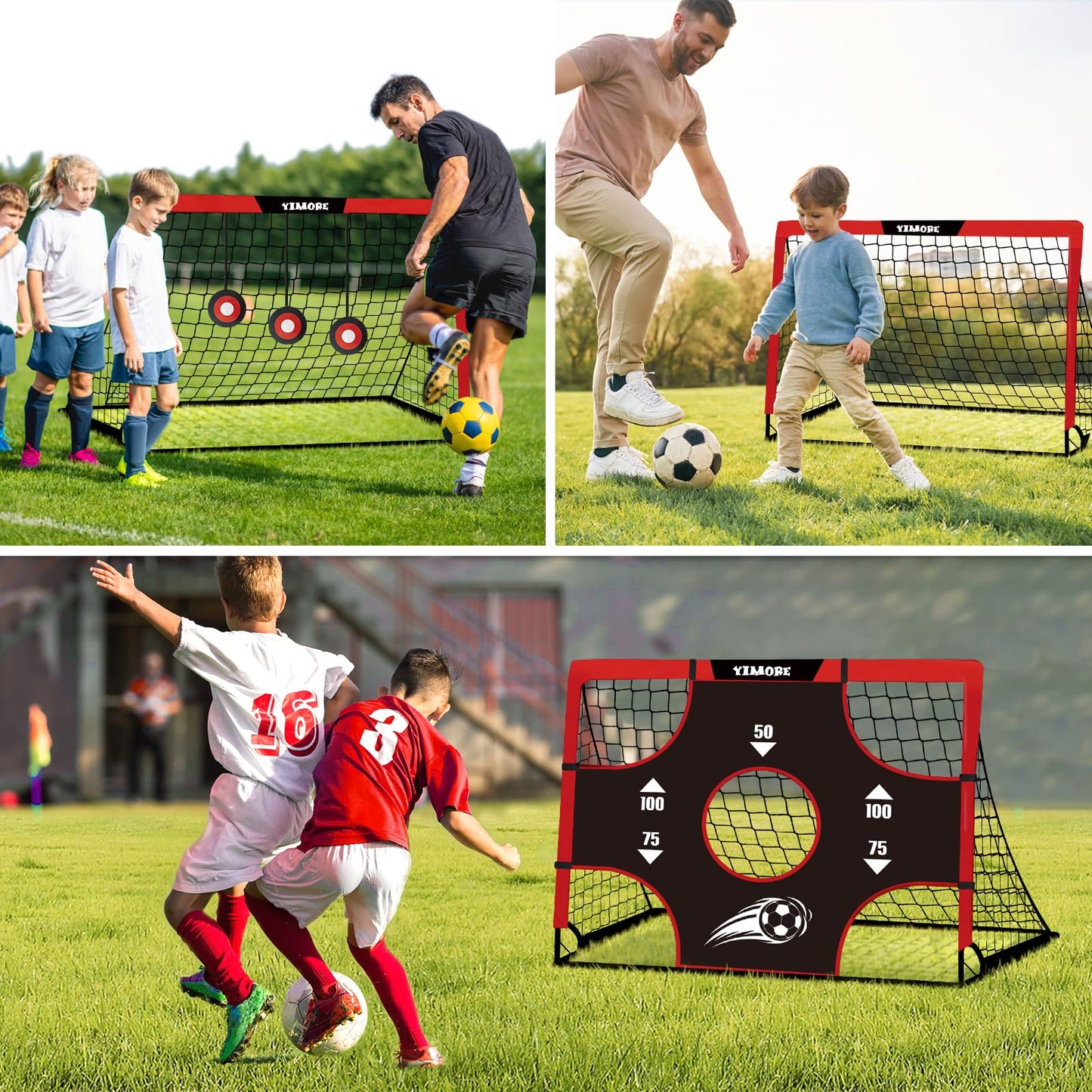 Yimore Kids Football Goal Portable, 3 In 1 Mini Football Goal Garden Indoor Outdoor 120 * 90 * 90 cm, Foldable Football Training with Target Gift for Boys Grils 3+ (Red)