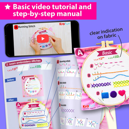 KRAFUN Beginner Embroidery Kit for Kids & Teens Ages 7-12, Simple Patterns with Hoop, Cloth, Threads, Instructions, Educational Craft Gift for Learning Stitches