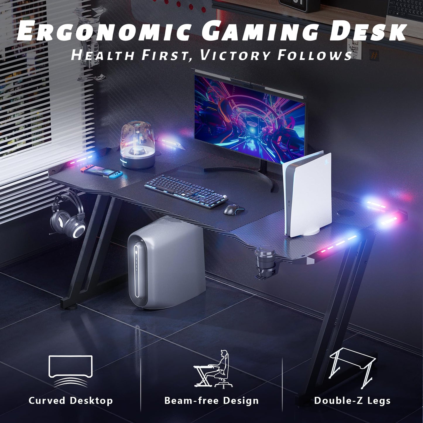 DLONGONE Gaming Desk with LED Lights, 120 x 60 cm Gaming Table Z Shaped, Gamer Desk with Carbon Fiber Coated, Gaming PC Table with Headphone Hook and Cup Holder, Computer Desks Easy to Assemble, Black