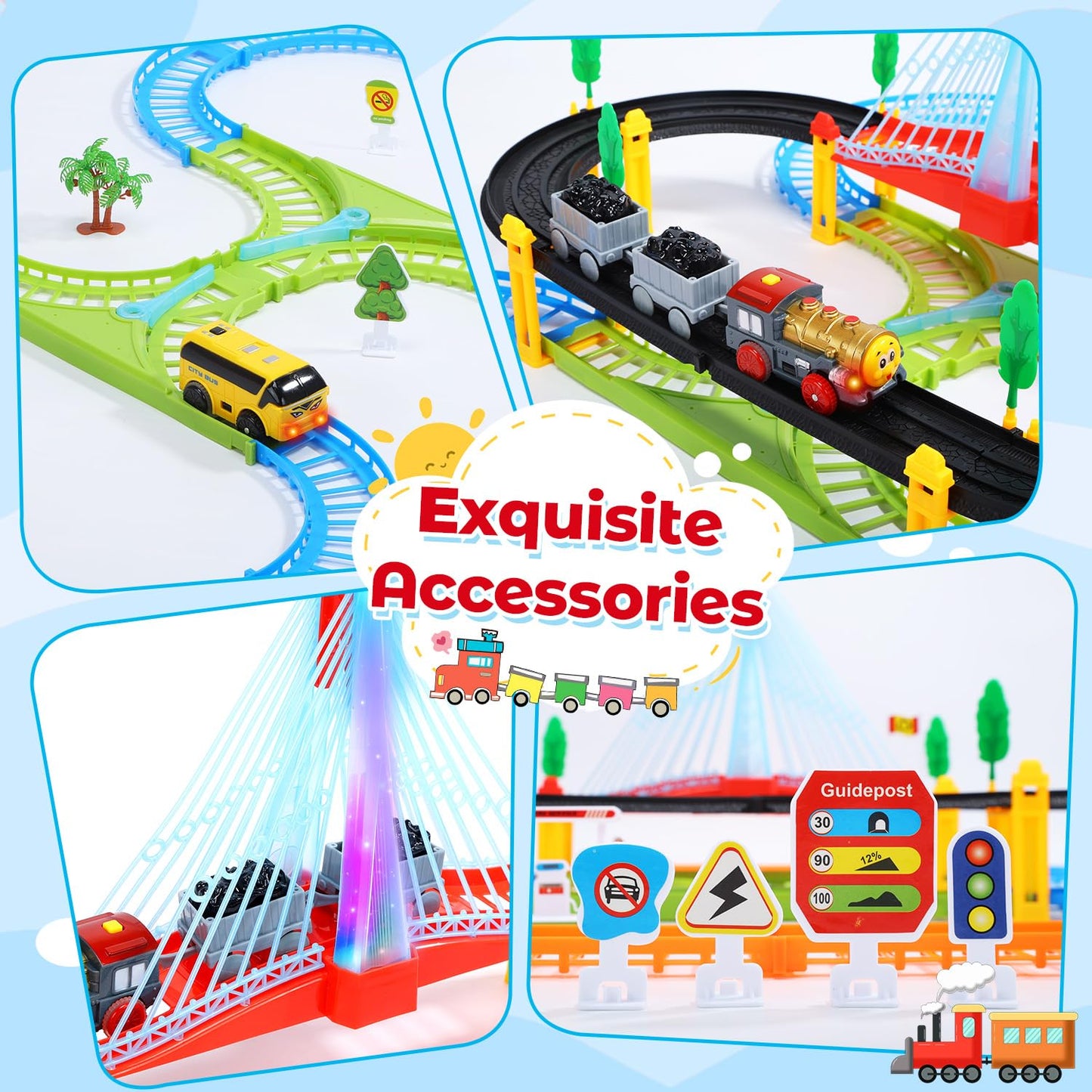 EagleStone electric train set for kids with double-layer tracks, illuminated bridge, signs, and accessories for imaginative railway play.