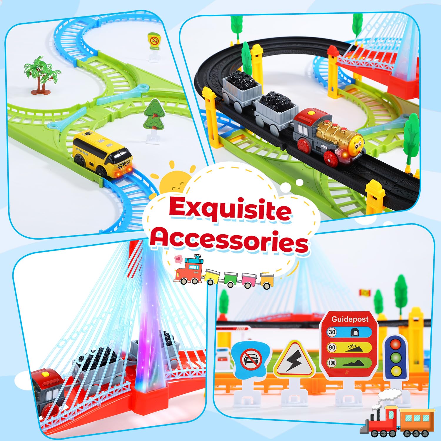 EagleStone electric train set for kids with double-layer tracks, illuminated bridge, signs, and accessories for imaginative railway play.