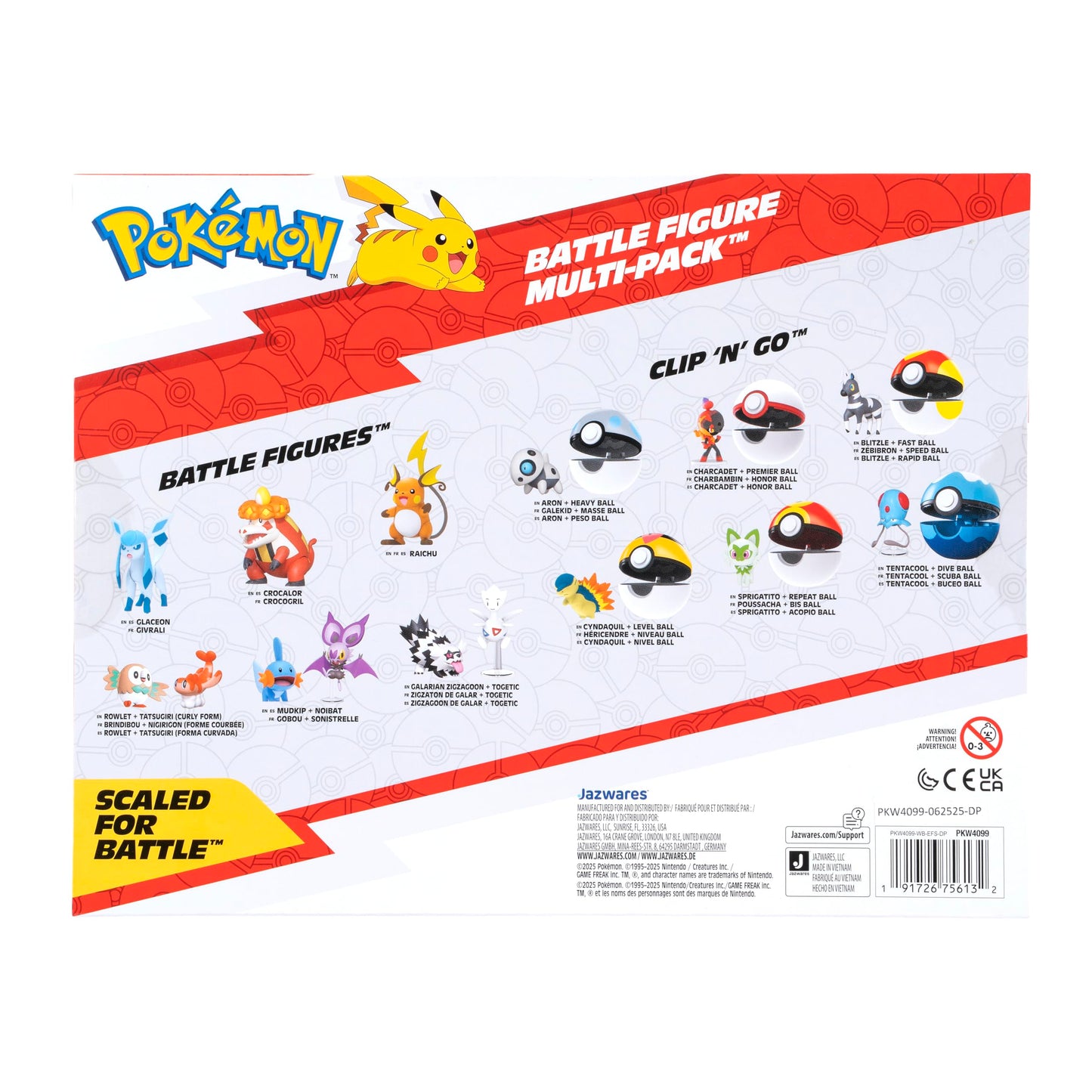 Pokémon Battle Figure 6 Pack featuring 2-inch Pikachu, Joltik, Galarian Darumaka, Riolu, Chikorita, and Cleffa figures.