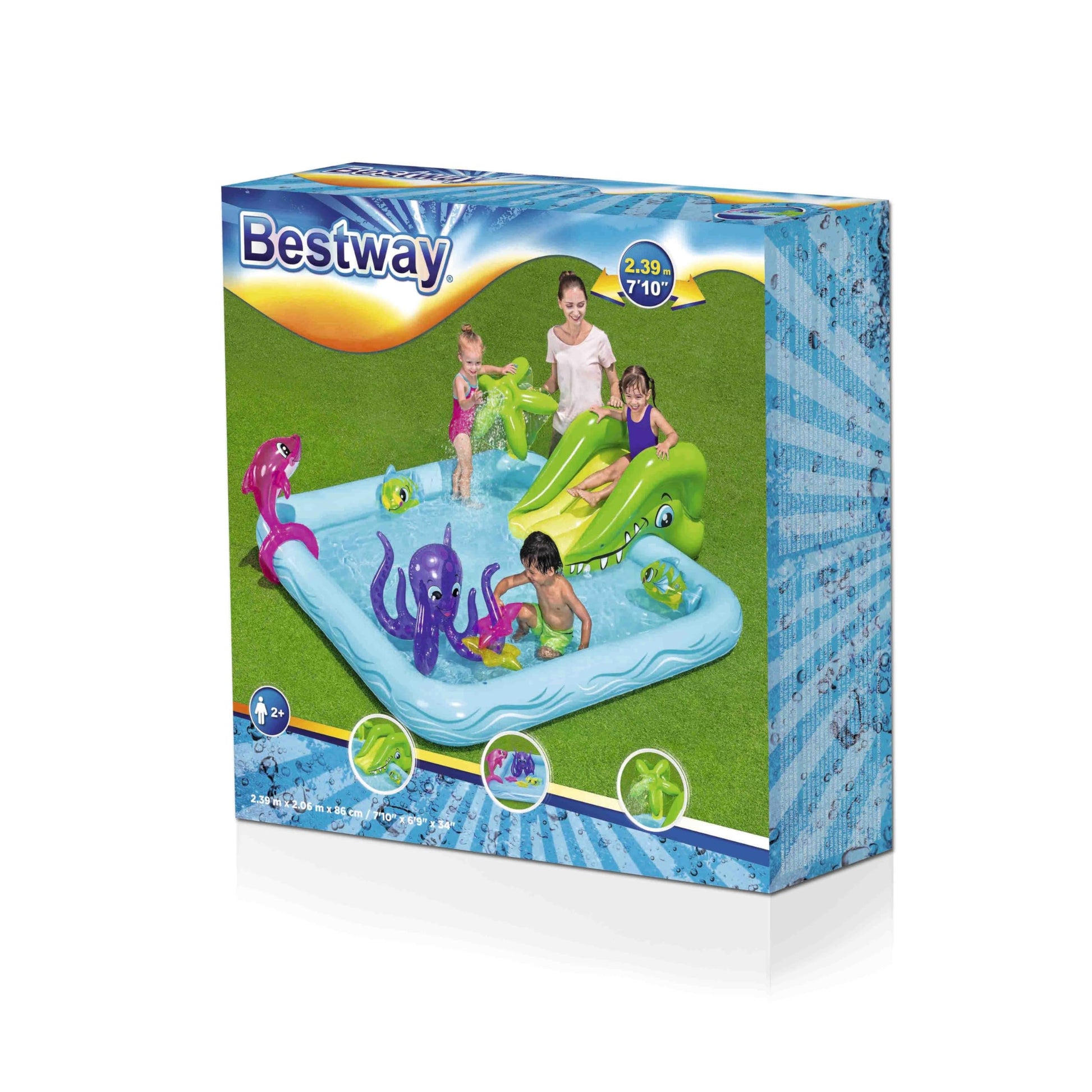 Bestway 7'10" x 6'9" Fantastic Aquarium Play Center with vibrant aquatic designs and inflatable features for kids.