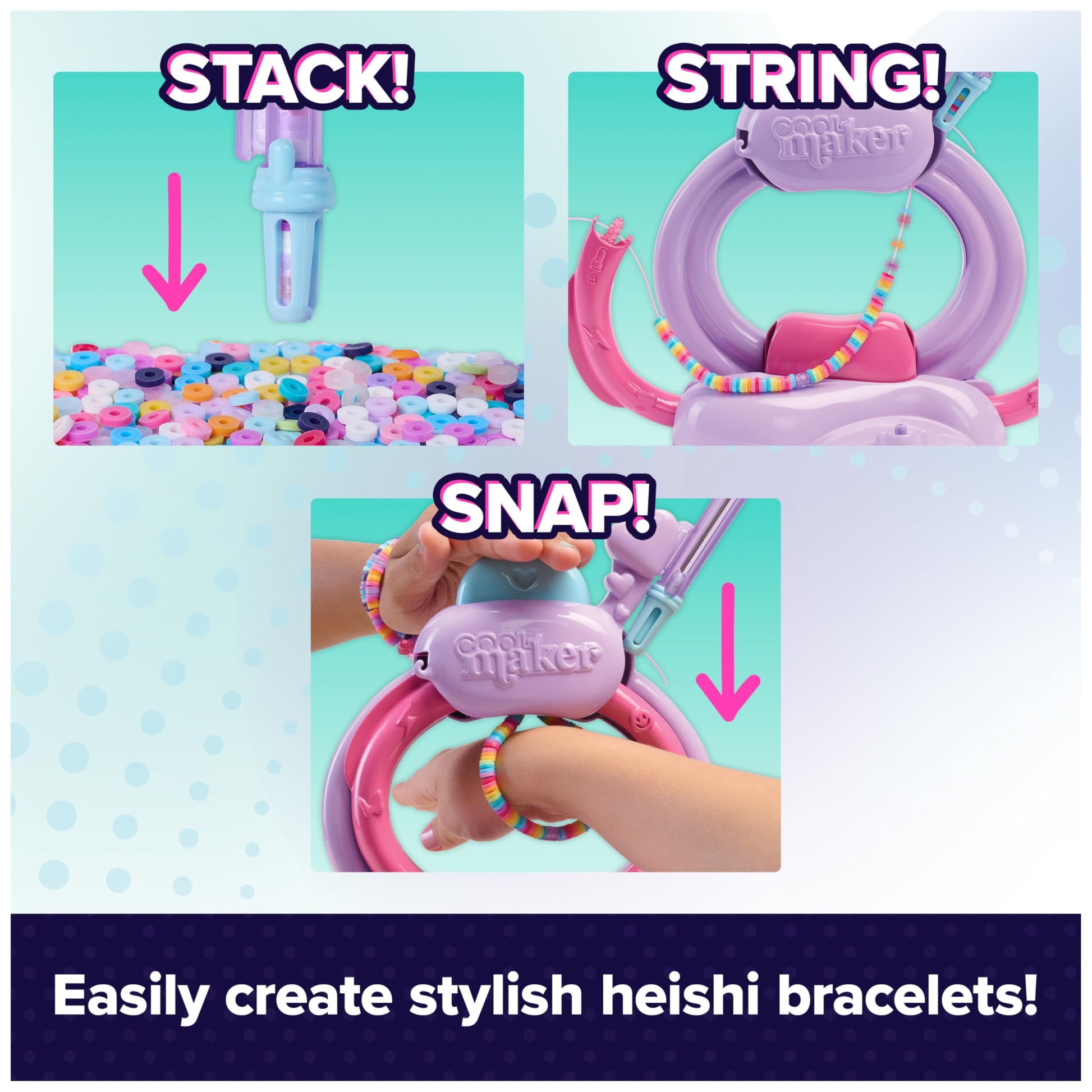 Cool MAKER Stack’d Heishi Studio bracelet making kit with beads, beading pen, and supplies for kids' arts and crafts jewelry projects.