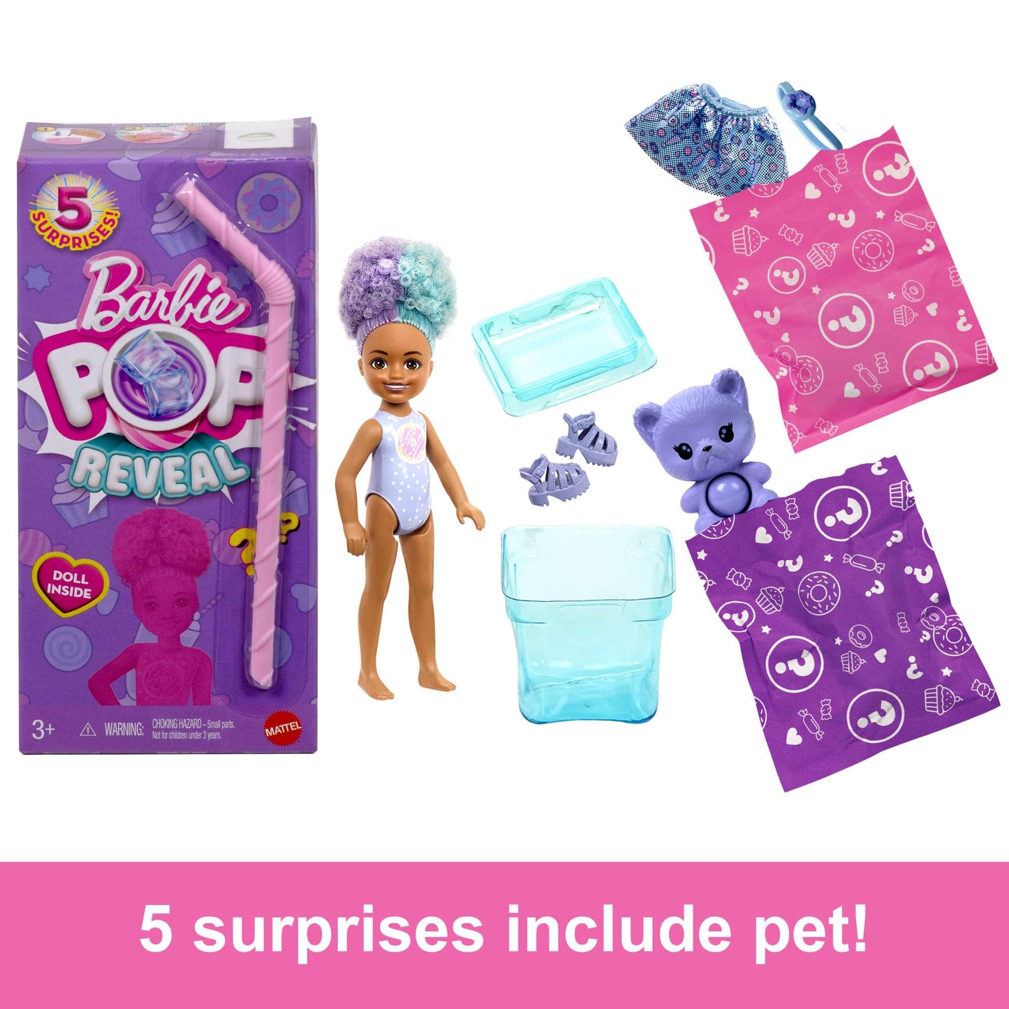 Barbie Chelsea Pop Reveal Doll Set with scented small doll, Pop-It pet, and color change surprises from the Treat Series.