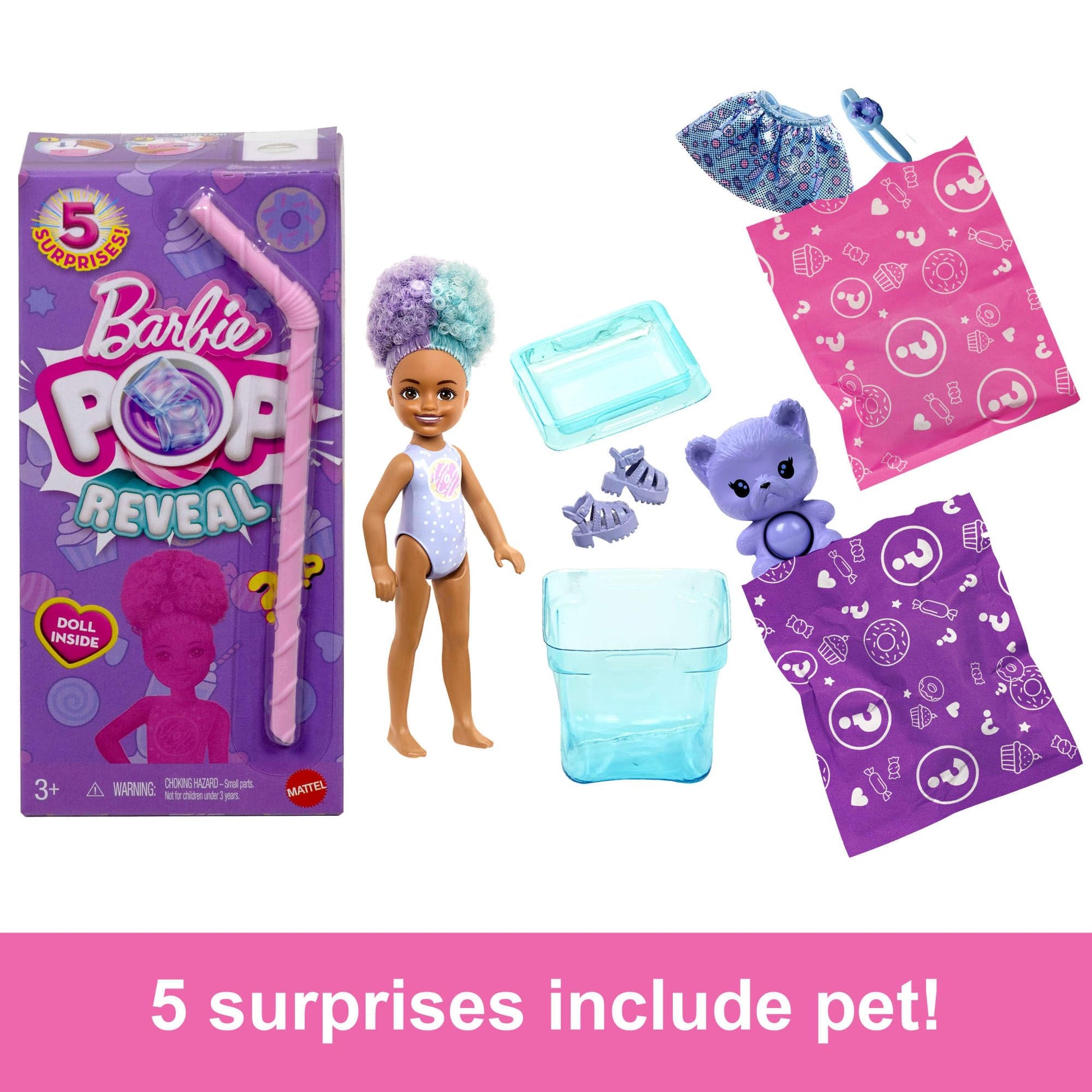 Barbie Chelsea Pop Reveal Doll Set with scented small doll, Pop-It pet, and color change surprises from the Treat Series.