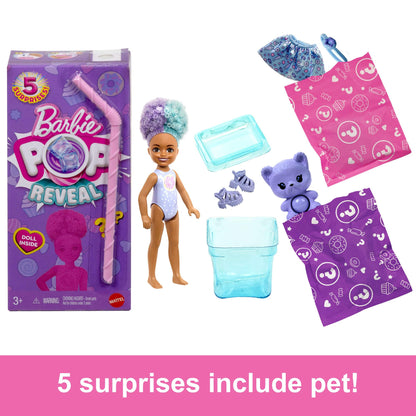 Barbie Chelsea Pop Reveal Doll Set with scented small doll, Pop-It pet, and color change surprises from the Treat Series.