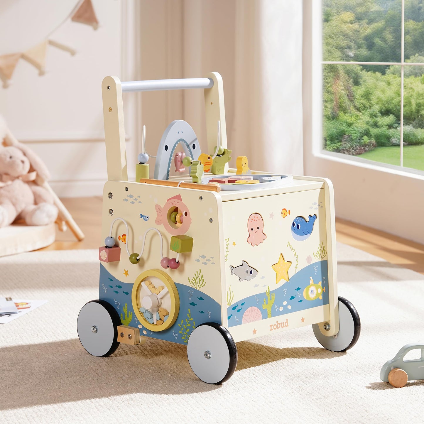 Robud wooden baby walker with magnetic fishing rod, adjustable height and speed, underwater theme activity center for toddlers age 10-36 months