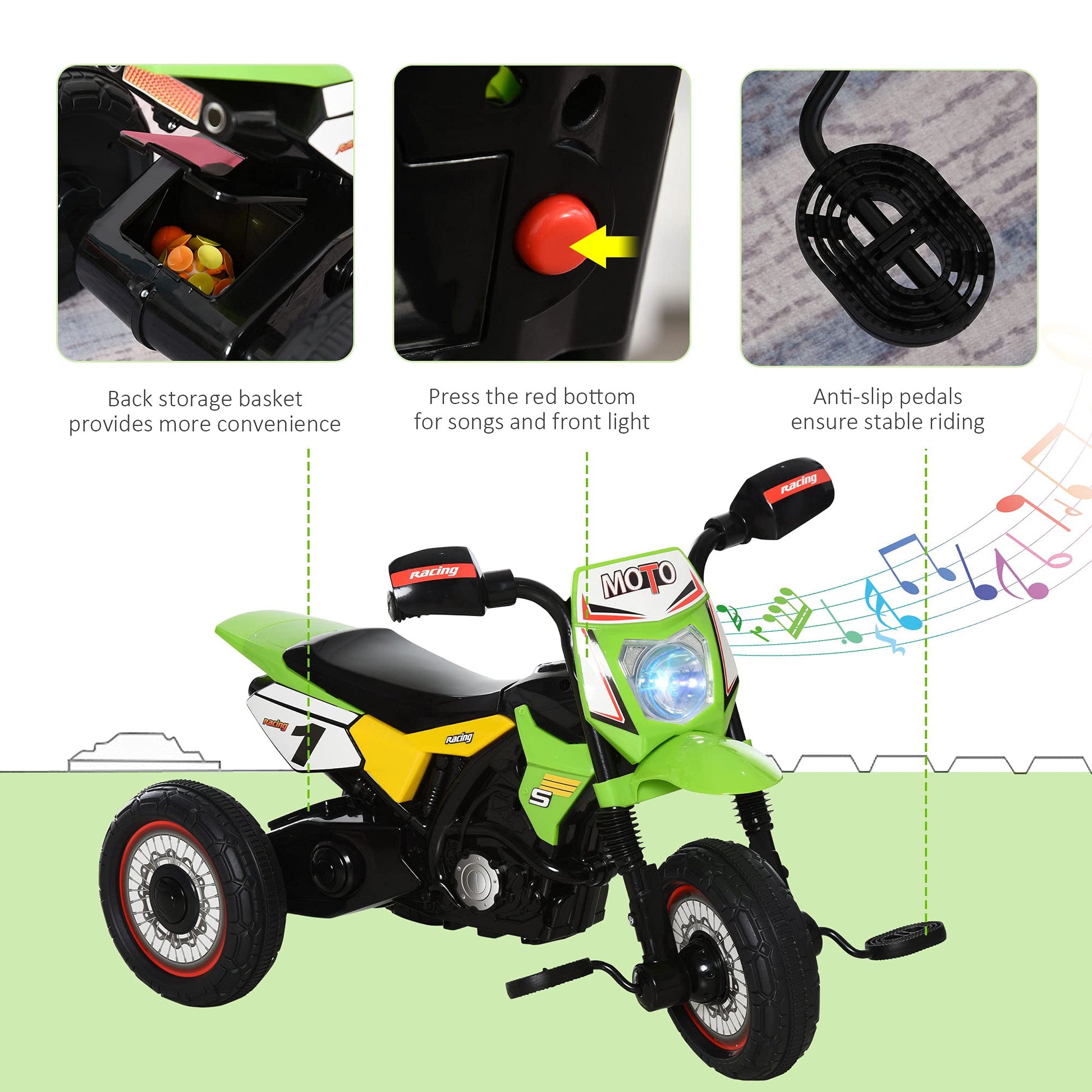HOMCOM toddler pedal motorcycle tricycle in green with music, lights, and colorful stickers for kids aged 18-36 months.