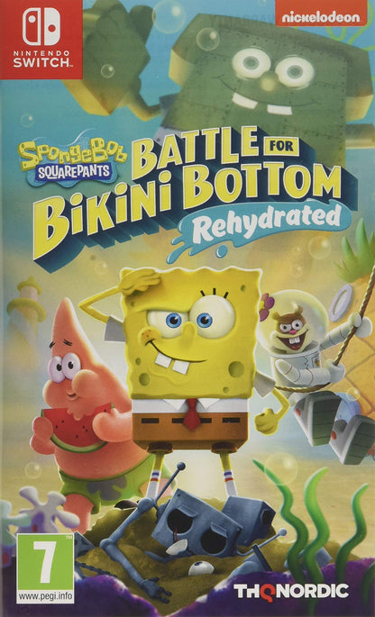 Nintendo Switch game cartridge for SpongeBob SquarePants: Battle For Bikini Bottom - Rehydrated by THQ Nordic, featuring SpongeBob on the cover.