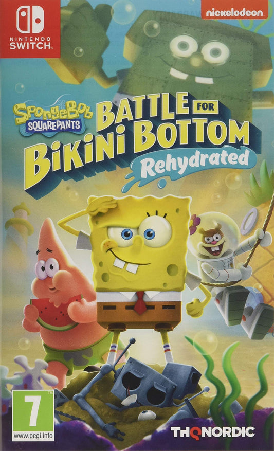 Nintendo Switch game cartridge for SpongeBob SquarePants: Battle For Bikini Bottom - Rehydrated by THQ Nordic, featuring SpongeBob on the cover.