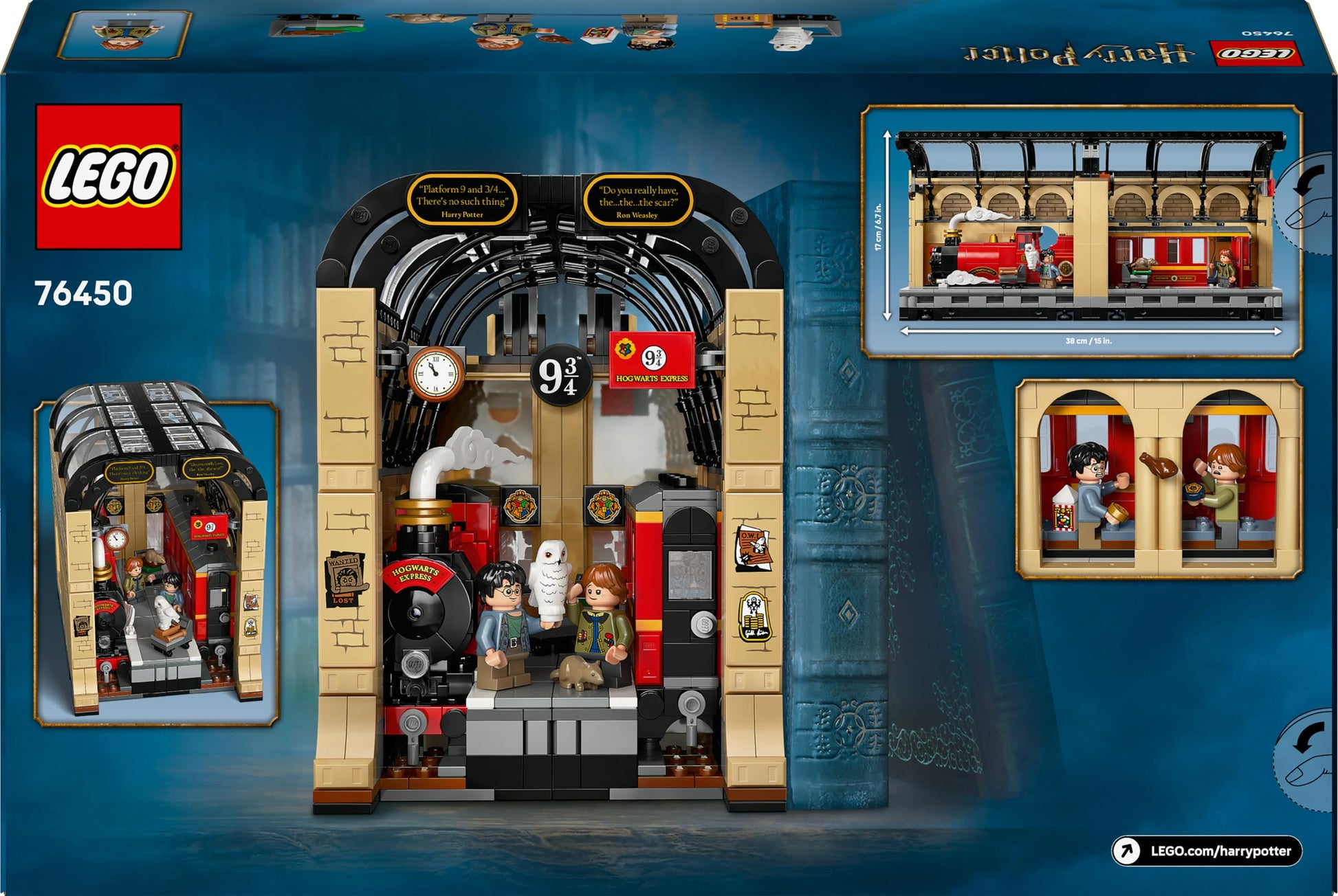 LEGO Harry Potter Hogwarts Express set featuring a train, Ron Weasley minifigure, and Hedwig and Scabbers figures.