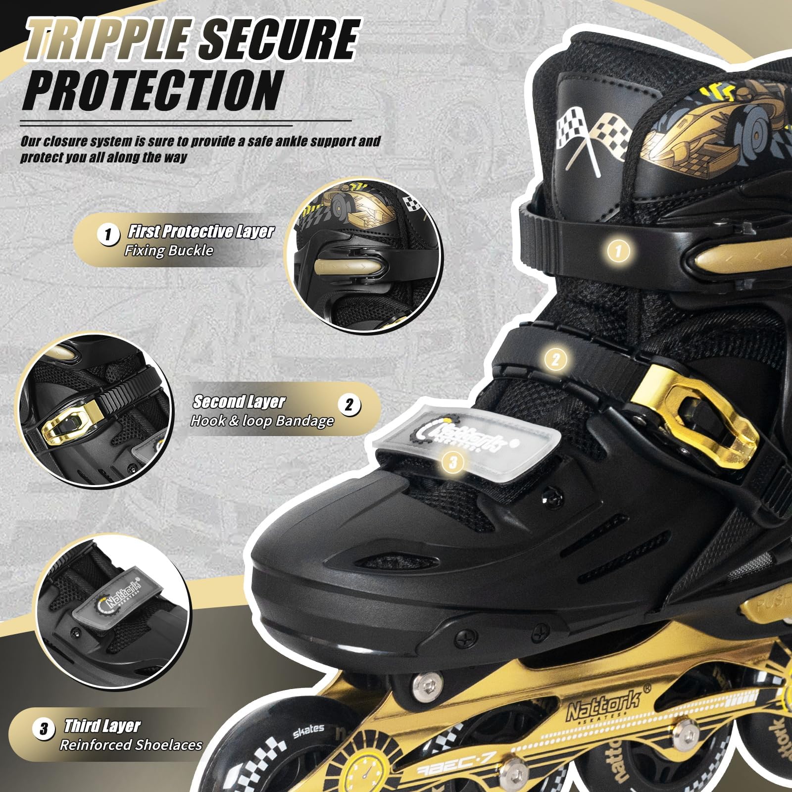 Nattork kids inline skates with adjustable size, black with gold accents, light-up wheels, suitable for boys and girls indoor and outdoor use.
