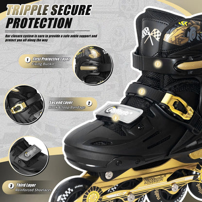 Nattork kids inline skates with adjustable size, black with gold accents, light-up wheels, suitable for boys and girls indoor and outdoor use.