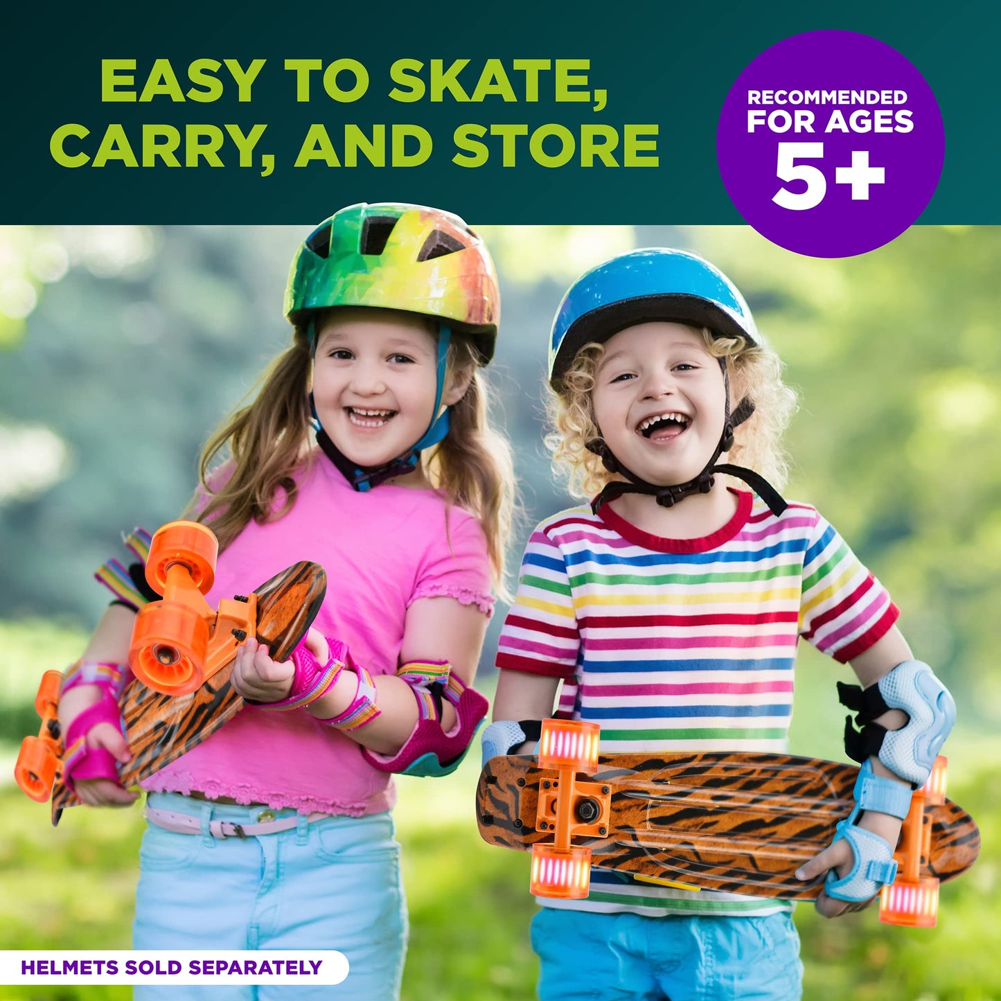 Hurtle Standard Skateboard Mini Cruiser - 6'' PP Deck Complete Double Kick Skate Board w/ 3.25" Aluminum Alloy Truck, PU Wheels w/LED Light - for Kids, Teens, Adults (Tiger), One Size, (HCSK10)