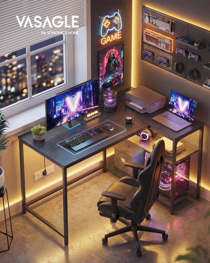VASAGLE L Shaped Corner Desk, Computer Gaming Desk with Storage, Reversible Height-Adjustable Shelves, for Home Office, 110 x 80 cm, Ebony Black LWD135BE01