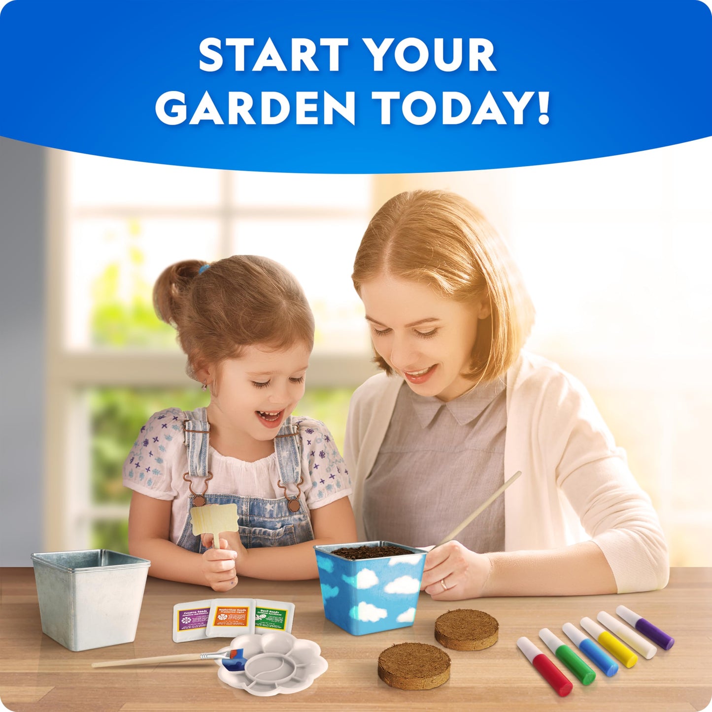 Blue Marble National Geographic kids flower and herb gardening kit with stainless steel pots, paint, stickers, and plant growing tools.