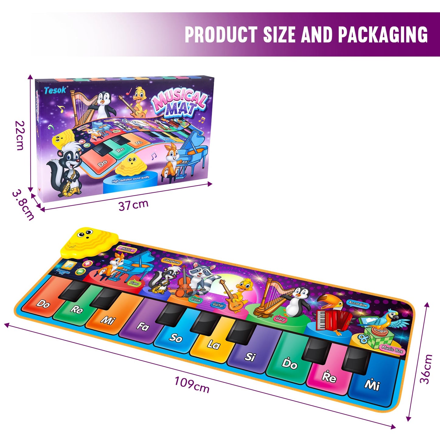 Tesok kids' musical piano mat featuring 10-key keyboard, 25 music sounds, and colorful animal graphics for early learning.