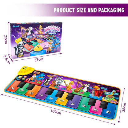 Tesok kids' musical piano mat featuring 10-key keyboard, 25 music sounds, and colorful animal graphics for early learning.